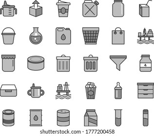 Thin line gray tint vector icon set - wicker pot vector, bin, storage unit, mug for feeding, measuring cup, bottle, packing of juice with a straw, bucket, dust, drawer, package, unpacking, tin, jam