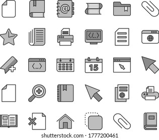Thin line gray tint vector icon set - clip vector, add bookmark, clean sheet of paper, zoom, folder, e, books, home, calendar, star, book, notebook, address, delete page, copy, wall, newspaper, file
