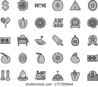 Thin line gray tint vector icon set - warning vector, plastic fork spoons, baby toy train, children's, yule, colored air balloons, concrete mixer, building level, peper, ripe peach, squash, melon
