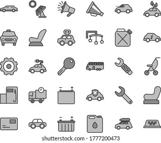 Thin line gray tint vector icon set - truck lorry vector, horn, toys over the cot, Baby chair, car child seat, summer stroller, motor vehicle, present, key, pass card, delivery, big solar panel, bus