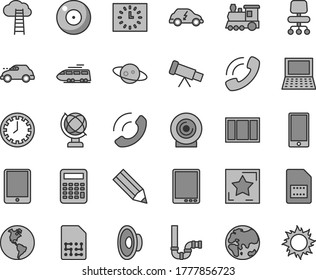 Thin line gray tint vector icon set - camera vector, clock face, loudspeaker, window frame, siphon, globe, smartphone, phone call, lens, planet, Earth, electric transport, retro car, SIM card, black