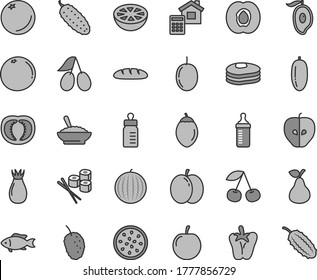 Thin line gray tint vector icon set - feeding bottle vector, measuring for, estimate, loaf, a bowl of buckwheat porridge, cucumber, peper, sushi set, fish, pear, pancakes, orange, cherry, apple