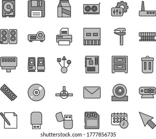 Juego de iconos vectoriales de tono gris de línea delgada - vector de mesa de noche, notas, paquete, calificadores, ventilador del radiador, motherboard, memoria, tarjeta de gpu, cámara web, hdd, usb, router, cd, impresora, flash, altavoz pc, conectar