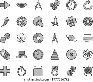 Thin line gray tint vector icon set - clock face vector, right direction, plus, minus, clockwise, stacking toy, tumbler, gear, timer, CD, porcini, plate, accumulator, scribed compasses, Measuring