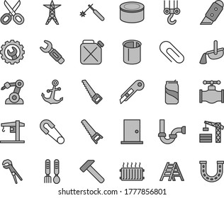 Thin line gray tint vector icon set - scissors vector, clip, safety pin, iron fork spoons, crane, tower, winch hook, adjustable wrench, hand saw, arm, ladder, sewerage, ntrance door, gear, knife