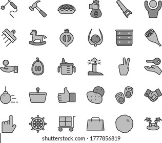 Thin line gray tint vector icon set - cargo trolley vector, chest of drawers, measuring cup for feeding, small rocking horse, shoes little children, big core, hand saw, spatula, hammer with claw, up