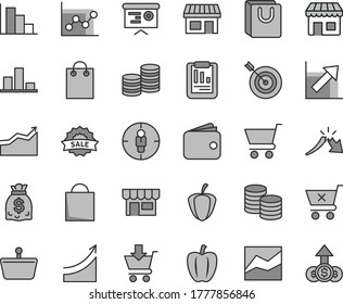Thin line gray tint vector icon set - paper bag vector, line chart, graph, growth, positive histogram, cart, put in, crossed, with handles, kiosk, coins, Bell pepper, ripe, stall, shopping basket