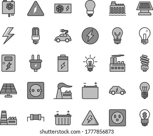 Thin line gray tint vector icon set - lightning vector, danger of electricity, incandescent lamp, saving light bulb, dangers, charging battery, solar panel, factory, accumulator, hydroelectricity