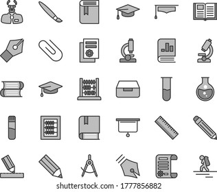 Thin line gray tint vector icon set - tassel vector, graphite pencil, yardstick, book, new abacus, e, books, drawing, drawer, clip, round flask, scribed compasses, on statistics, research article