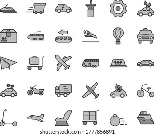 Thin line gray tint vector icon set - truck lorry vector, cargo trolley, paper airplane, car child seat, tricycle, Kick scooter, big core, cardboard box, production conveyor, eco, electric, urgent