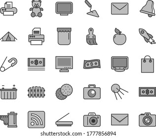 Thin line gray tint vector icon set - bell vector, monitor, camera, envelope, roll, rss feed, open pin, teddy bear, building trowel, plastic brush, fence, artificial satellite, jam, biscuit, apricot