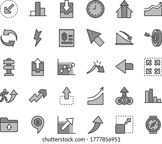 Thin line gray tint vector icon set - left direction vector, growth up, renewal, bar chart, graph, upload archive data, download, folder, lightning, bottom arrow, expand picture, size, move, cursor