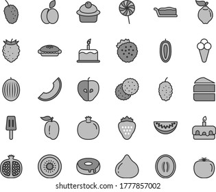 Thin line gray tint vector icon set - cake vector, muffin, piece of, slice, torte, with a hole, pie, lollipop, popsicle, cone, strawberry, strawberries, apple, biscuit, pomegranate, half, quince