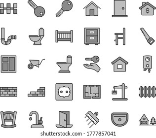 Thin line gray tint vector icon set - bedside table vector, cradle, baby cot, a chair for feeding, dwelling, brickwork, brick wall, building trolley, window, arm saw, sink, toilet, comfortable, key