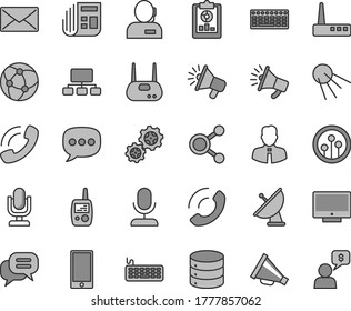 Thin line gray tint vector icon set - desktop microphone vector, horn, toy mobile phone, employee, screen, smartphone, big data, call, artificial satellite, gears, connections, statistical overview