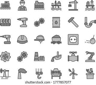 Thin line gray tint vector icon set - builder vector, winch hook, gears, concrete mixer, cordless drill, sewerage, power socket type f, construction helmet, hammer, core, sea port, wind energy, gear