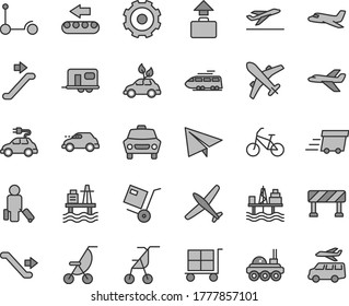Thin line gray tint vector icon set - truck lorry vector, cargo trolley, paper airplane, summer stroller, sitting, Kick scooter, traffic signal, car, shipment, sea port, commercial seaport, electric