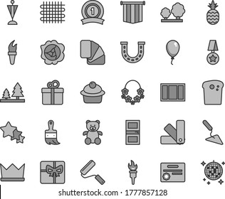 Thin line gray tint vector icon set - teddy bear vector, balloon, building trowel, window frame, new roller, color samples, sample of colour, wooden paint brush, interroom door, gift, Easter cake