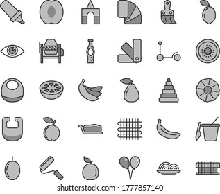 Thin line gray tint vector icon set - bib vector, baby, stacking toy, children's sand set, box of bricks, colored air balloons, Kick scooter, concrete mixer, new roller, color samples, sample colour
