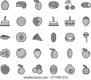 Thin line gray tint vector icon set - cake vector, sausage, cheese, piece of pizza, big burger, slices onion, torte, with a hole, Chupa Chups, fried egg, omelette, strawberry, strawberries, orange