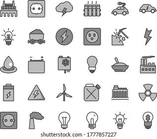 Thin line gray tint vector icon set - danger of electricity vector, matte light bulb, incandescent lamp, power socket type f, lightning, radiator, storm cloud, a bowl buckwheat porridge, coal mining