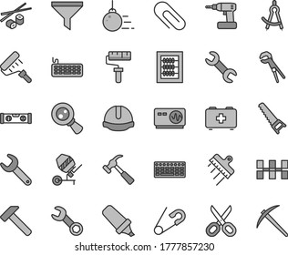 Thin line gray tint vector icon set - paint roller vector, scissors, clip, new abacus, open pin, bag of a paramedic, big core, concrete mixer, adjustable wrench, cordless drill, hand saw, spatula