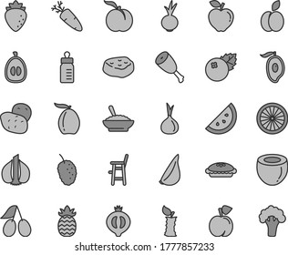Thin line gray tint vector icon set - feeding bottle vector, a chair for child, pie, bowl of buckwheat porridge, chicken thigh, piece meat, beet, garlic, carrot, blueberries, apple, orange slice