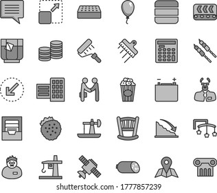 Thin line gray tint vector icon set - image of thought vector, archive, cradle, toys over the cot, balloon, paint roller, city block, brick, spatula, left bottom arrow, map, expand picture, sausage