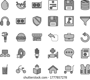 Thin line gray tint vector icon set - counterclockwise vector, silent mode, tricycle, house, speech, suitcase, kiosk, unpacking, move left, burger, chili, a glass of soda, lime, energy saving bulb