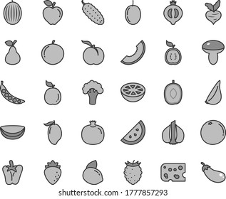 Juego de iconos vectoriales de tono gris de línea delgada - pieza vectorial de queso, hongos, pepino, ajo, pera, rodaja naranja, melocotón maduro, granada, manzana roja, frambuesa, media medallera, sabroso, melón, mango