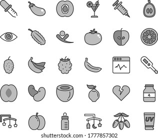 Thin line gray tint vector icon set - toys over the cradle vector, cot, feeding bottle, electronic thermometer e, broken heart, eye, cardiogram, tomato, cocktail, jar of jam, apple, half apricot