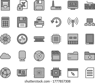 Thin line gray tint vector icon set - floppy disk vector, keyboard, folder, archive, upload, processor, scheme, calculator, tablet pc, fan, radiator, encrypting, cpu, card, usb, router, cd, printer