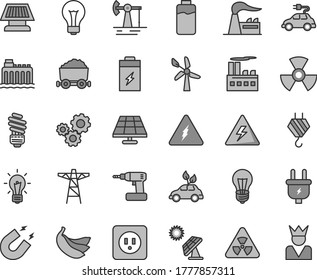 Thin line gray tint vector icon set - danger of electricity vector, matte light bulb, hook, cordless drill, saving, power socket type b, bananas, charge level, charging battery, solar panel, big