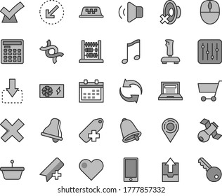 Thin line gray tint vector icon set - bell vector, laptop, calendar, add bookmark, renewal, cross, silent mode, label, upload archive data, abacus, left bottom arrow, heart, music, smartphone, cart