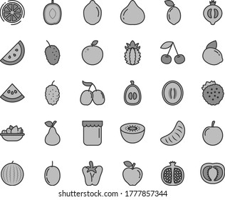 Thin line gray tint vector icon set - a plate of fruit vector, peper, jam, strawberries, pear, orange slice, cherry, half pomegranate, red apple, fig, medlar, mulberry, tasty, cornels, water melon