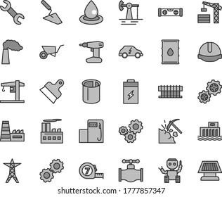 Thin line gray tint vector icon set - crane vector, tower, building trolley, trowel, drill, long meashuring tape, level, construction helmet, putty knife, charging battery, working oil derrick