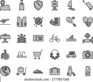 Thin line gray tint vector icon set - earth vector, car baggage, bike, passenger, suitcase, rolling, plane ticket, case, departure, hotel, hawaii wreath, disco ball, pool, hospital bed, restaurant