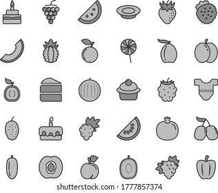 Thin line gray tint vector icon set - Child T shirt vector, muffin, piece of cake, torte, birthday, a plate milk, lollipop, strawberries, orange slice, peach, apple, half apricot, pomegranate, grape