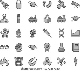 Thin line gray tint vector icon set - cradle vector, powder, unpacking, flask, test tube, telescope, molecule, glasses, nuclear, dna, satellite, bactery, book, globe, magnet, flame, scientist, medal