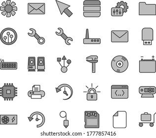 Thin line gray tint vector icon set - plummet vector, accumulator, calipers, fan, keyboard, pc power supply, cpu, web camera, usb, router, cd, printer, flash, speaker, network, folder, coding, mail