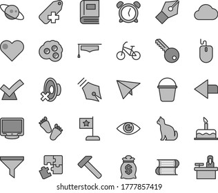 Thin line gray tint vector icon set - alarm clock vector, left direction, silent mode, add label, children's tracks, cake, Puzzles, books, bucket, key, hammer, heart, eye, omelette, filter, mouse