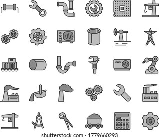 Thin line gray tint vector icon set - repair key vector, crane, gears, adjustable wrench, sewerage, gear, working oil derrick, water pipes, manufacture, factory, hydroelectric station, power line