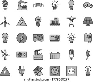 Thin line gray tint vector icon set - danger of electricity vector, saving light bulb, power socket type f, lightning, solar panel, windmill, wind energy, factory, battery, hydroelectric station