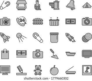 Thin line gray tint vector icon set - bell vector, monitor, camera, roll, safety pin, open, bath, teddy bear, building trowel, plastic brush, drawing, fence, 24, artificial satellite, jam, biscuit