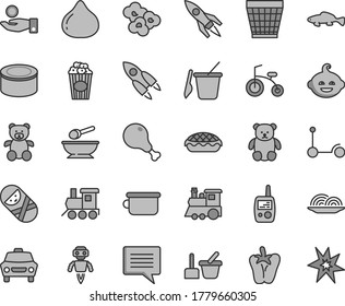 Thin line gray tint vector icon set - image of thought vector, wicker pot, tumbler, toy mobile phone, sand set, children's, deep plate with a spoon, potty, teddy bear, small, funny hairdo, car, cup