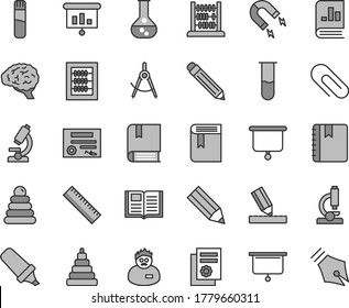 Thin line gray tint vector icon set - clip vector, graphite pencil, yardstick, book, new abacus, stacking rings, toy, e, drawing, notebook, flask, magnet, scribed compasses, text highlighter, brain