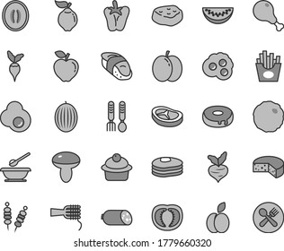 Thin line gray tint vector icon set - plates and spoons vector, iron fork, sausage, cheese, fried vegetables on sticks, noodles, mushroom, muffin, cake with a hole, chicken leg, bacon, cabbage, egg