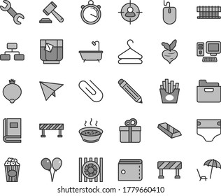 Thin line gray tint vector icon set - graphite pencil vector, purse, hammer of a judge, diaper, colored air balloons, bath, road fence, traffic signal, flowchart, folder, gift, hanger, clip, medlar