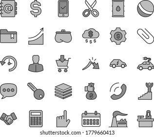 Thin line gray tint vector icon set - scissors vector, folder bookmark, bath ball, key, index finger, pile, address book, put in cart, phone call, clip, factory, oil, electric car, transport, woman