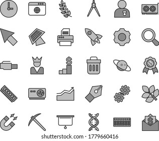 Thin line gray tint vector icon set - wall clock vector, keyboard, memory, gpu card, printer, browser, trash bin, lan connector, settings, cursor, zoom, dna, gears, oscilloscope, magnet, sun panel